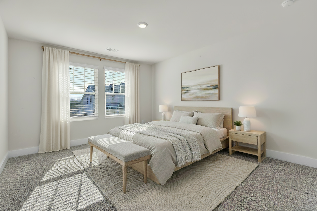Virtual staging before and after photo - beautifully furnished bedroom
